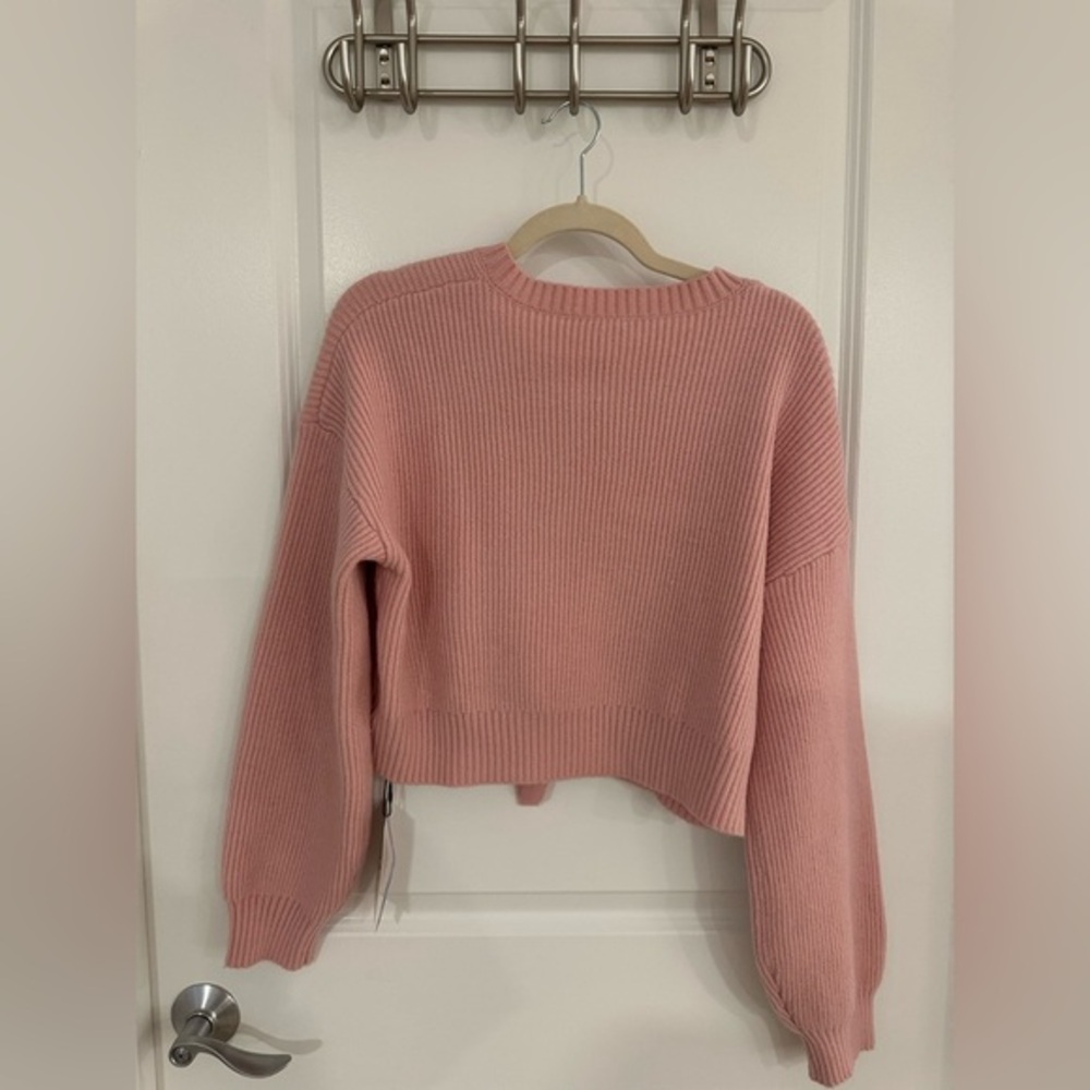 NWT Cider Blush Pink Ribbed Cropped Crew Neck Sweater Bow Tie Back Large